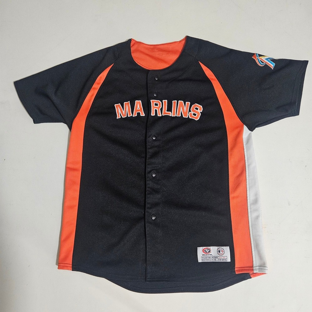 True Fan Miami Marlins Baseball Jersey Black Orange White Button Up Mens Small